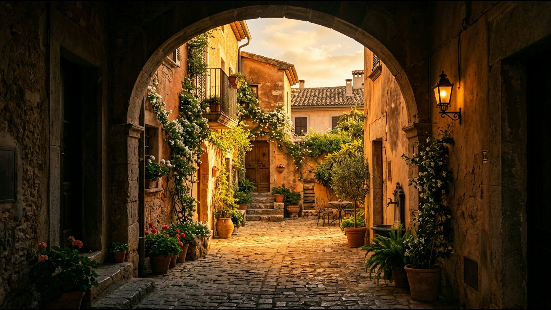 Golden-hour photograph through a stone archway in an Italian village