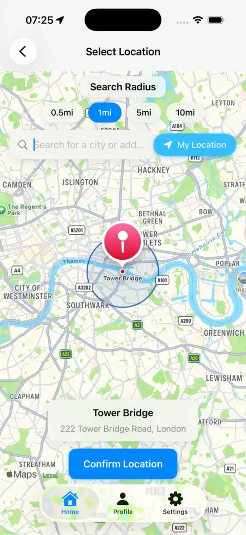 Search any city or drop a pin on the map